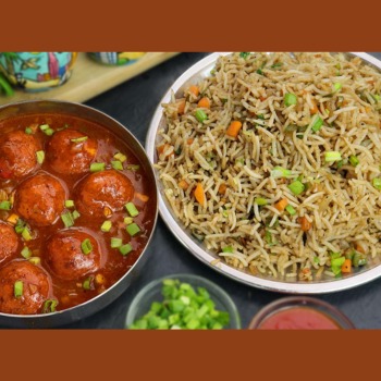 Manchurian Balls In Hot Garlic Gravy with Fried Rice / Noodles